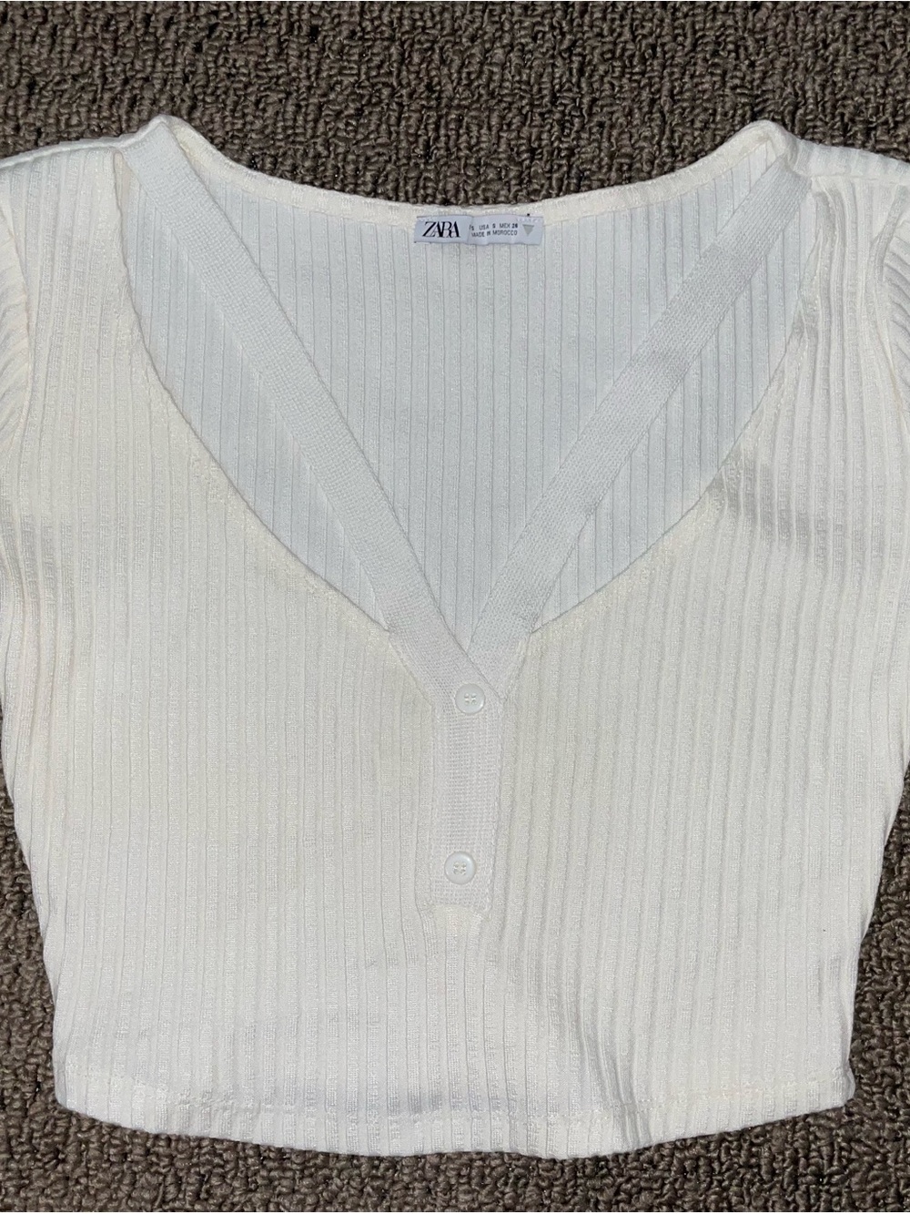 Zara White Ribbed Cropped Henley Top Size Small